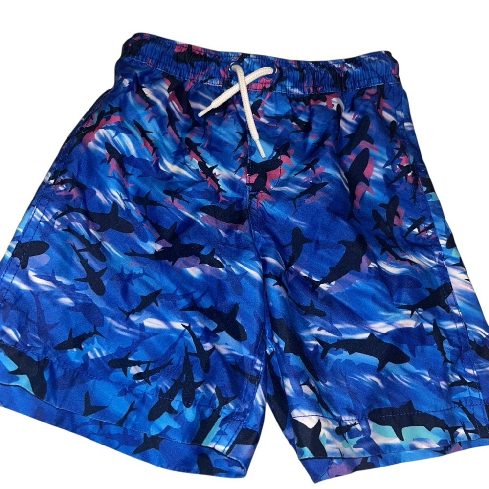 Lands end boys kid blue shark print swim trunks shorts size 6/7 boys child
